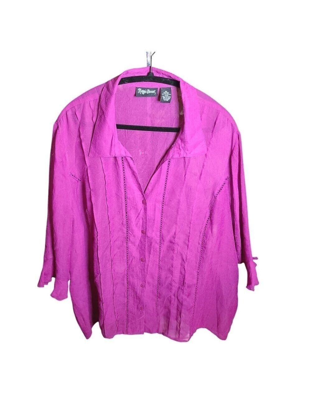 044 WOMEN'S PLUS 3X 26/28 PINK SHEER 3/4 BELL SLEEVE BLOUSE TOP BY MAGGIE BARNES